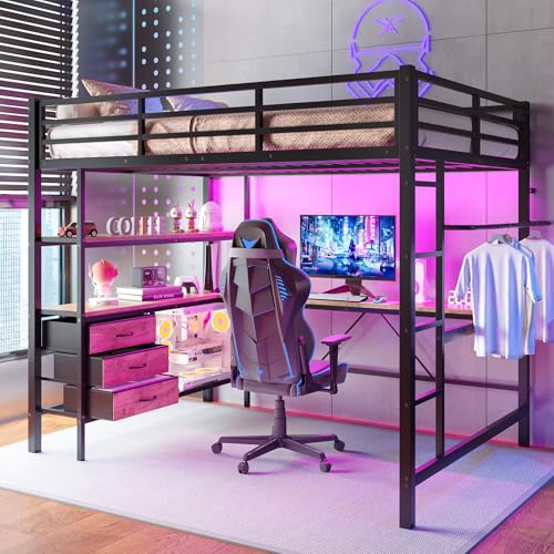 Merax Hochbett mit Schreibtisch 140x200 cm, Kinderbett mit Schubladen und Regalen, Bettgestell mit LED-Beleuchtung, Steckdosen & USB - Für Kinder/Erwachsene (Schwarz)
