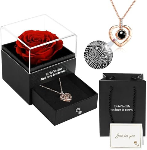 Eternal Forever Rose Gift Box, Gifts for Women, Red Rose with I Love You Necklace in 100 Languages, Mothers Day Gifts for Mum, Gifts for her on Birthday, Anniversary, Valentine's Day, Mother's Day