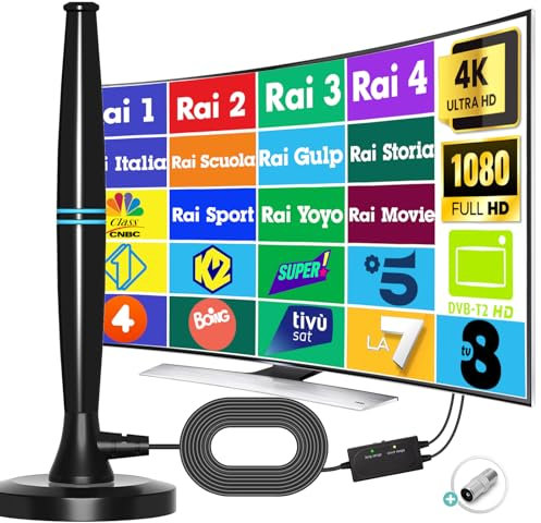 Yowrepu Antenna TV Interna Amplificata Potente e Portatile - Antenna Portatile per 4K Smart TV, Riceve Segnali DVB-T/T2 Digitale Terrestre, con Base Magnetica, 5m di Cavo Coassiale e Maschio Tipo F
