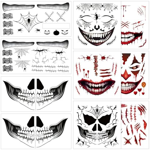 10 Sheets Halloween Scary Face Tattoos for Women Makeup Fake Scars Stitches Bloody Mouth Spider Web Bat Clown Face Temporary Tattoo Stickers Zombie Vampire Make Up for Halloween Cosplay Party