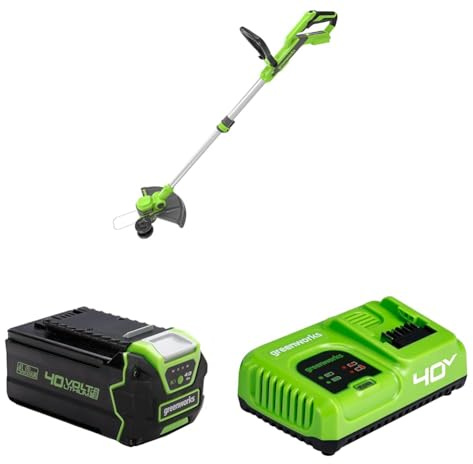 Greenworks 40V Akku Rasentrimmer & Kantenschneider mit Rad für klein-mittelgroße Gärten, 33cm Schnittbreite G40LT33, automatischer Vorschub 1,65mm Nylonfaden mit 40V 4Ah Akku + 5A Schnellladegerät