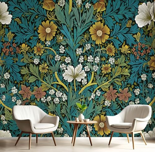 DLERFLOVR Vine Flowers Wallpaper 300x210cm Wall Paper William Morris Style Silk Contact Paper 3D Effect Wall Mural for Living Room Bedroom Hallway Stairs, Dark Green