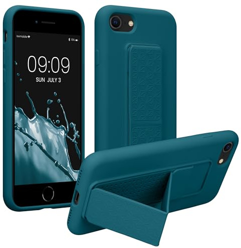 kwmobile Case for Apple iPhone SE (2022) / SE (2020) / 8/7 Case - Soft TPU Cover with Silicone Coating - With Hand Strap and Stand Function - Shockproof - Teal Matte