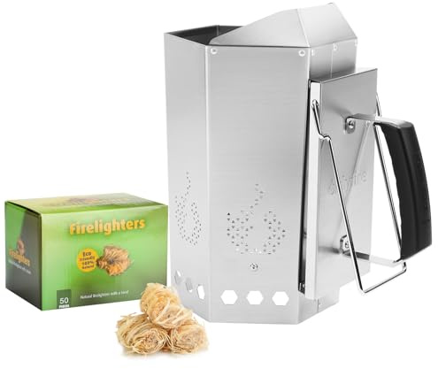 onlyfire Edelstahl Grillstarter mit Anzündwolle, Grill Anzündkamin für Holzkohle, Großer Kapazität 3kg, Grillkohle Anzündkamin 34,5cm Höhe, Grillkohleanzünder mit Hitzeschild und Griff, Sechseckiger