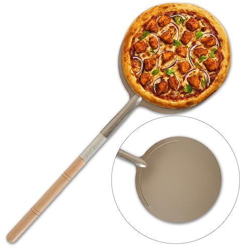 megrill 19 cm Runder Edelstahl Pizzaschieber mit 1 mtr Holzgriff – Pizzaschaufel zum Wenden und Herausnehmen kleiner Pizzen im Holzofen, Perfekt für Hobbyköche und Pizza-Liebhaber