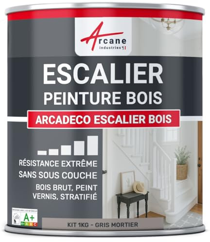 Peinture Escalier Bois Antidérapante Lessivable 1 kg Gris Mortier | Peinture Escalier Bois, Finition Velours, Adhère au Bois, Antidérapante, Lessivable, Séchage Rapide - Arcane Industries