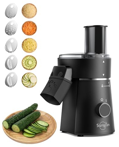 Sangcon Grattugia elettrica per formaggio a blocco, maniglia automatica per insalata 5 in 1 e tagliaverdure con 5 lame in acciaio inox, grattugia elettrica One touch per formaggio