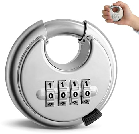 Lucchetto a combinazione con codice numerico a 4 cifre, resistente alle intemperie, per recinzioni, rimorchi, 10 mm, spessore staffa: 70 mm, in acciaio inox, piccolo