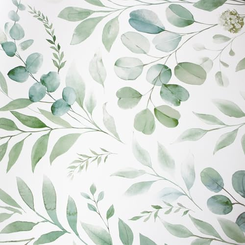 Yangpanel Papier Peint Auto-Adhésif Green Branch Peel and Stick Revêtement en Vinyle Avec Fond Blanc et Feuilles Vertes Papier de Contact Imperméable pour Salon Chambre Armoires Rouleau 44,5x500cm
