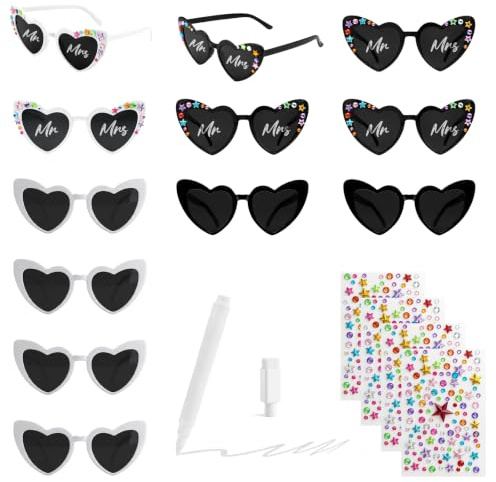 DOTDIW 12 Stück Herz Sonnenbrille Damen Herzbrille Party Schwarz Weiße | Sunglasses für jga Accessoires Frauen, Partybrille Set, für Junggesellenabschied Frauen Braut,mit Glitzersteine Selbstklebend