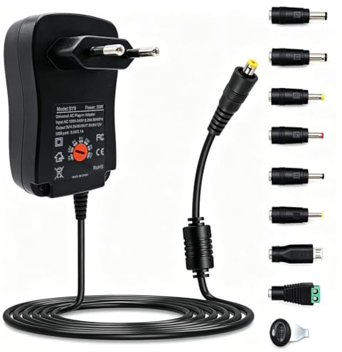 30W Adaptador Universal de 3V 4.5V 5V 6V 7.5V 9V 12V 2A AC/DC Cargador | Adaptador Enchufe Universal,Fuente de Alimentación con 8 Puntas para Hogar Electrónica Cámara Web Portátil Monitor LCD
