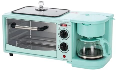 Amagogo Toaster In One Breakfast Machine With Coffee Maker Toaster Oven And Warming Tray Stainless Steel Body With Clear Knob And Glass Carafe Suitable for apartments office kitchens, Light Blue