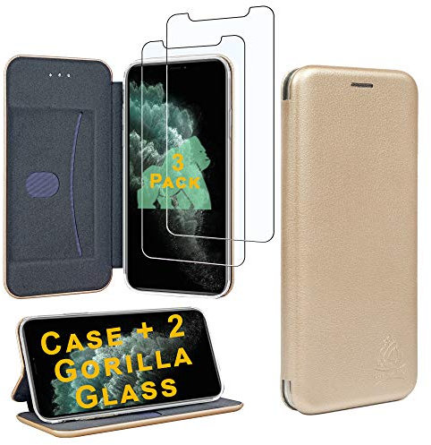 Gorilla Tech iPhone 7 Plus and iPhone 8 Plus Flip Case and 2 Screen Protector Tempered Glass 3D Curve Premium Designer Slim [Card Slot] Magnetic Closer Wallet Stand Cover 3-Pack, Gold 5.5