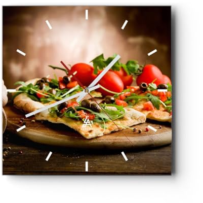 Modern Wanduhr Pizza Vegetarier Italien Essen 30x30cm Quadrat Klein Wand Uhr Glas Analog Zimmeruhren Küche Büro Wohnzimmer Glasuhr Wall Clock Dekoration Design Wanddekoration Küchenuhr C3AC30x30-2540