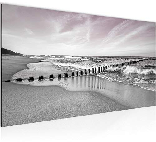 Runa Art Wandbild Strand Meer 1 Teilig 100 x 40 cm Modern Bild auf Vlies Leinwand Landschaft Schlafzimmer Wohnzimmer Grau Rosa 025212b