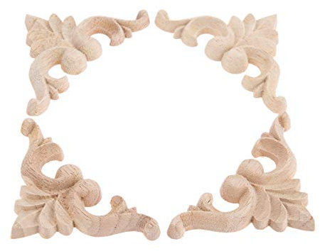 MUXSAM 4Pcs Wood Carved Corner Onlay Applique Wooden decorative Mouldings Unpaint Woodcarving Decals for Cabinet Fireplace Bed Wall Door Mirror Headboard Pew Frame Decor,Furniture Decoration 8x8cm