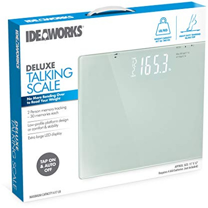 Ideaworks North American Health and Wellness Deluxe Talking Scale with Extra Large LED Display, 280kg Capacity, 2 Person Memory Tracking, White Glass Platform