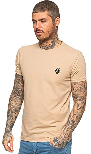 EZTS581 Enzo Mens Slim Fit T Shirt Muscle Fit Stretch Tee Gym Crew Neck Short Sleeve Top Beige M