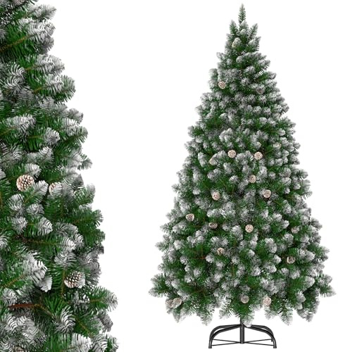 Aufun Albero di Natale artificiale 2,4 m in PVC, Folto, albero di Natale Effetto Realistico, montaggio rapido, con supporto per albero di Natale (240 cm, Effetto neve + pigne)