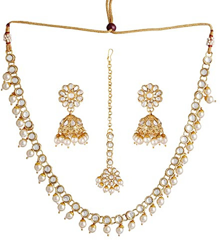 Jwellmart Gold Polish Faux Kundan Bridal Wedding Choker Necklace Earrings Tika Combo Set Bollywood Party Traditional Fashion Indian Jewelry Jewellery Set for Women, Stone