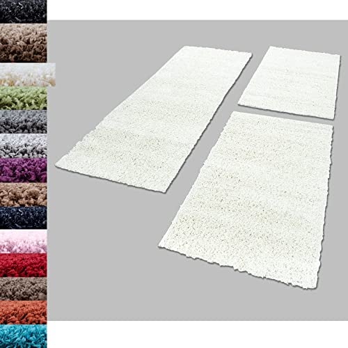Carpettex Bettumrandung Schlafzimmer 3teilig Shaggy Teppich Hochflor Einfarbig Creme Bettset:2 mal 60x110 + 1 mal 80x250 - Bettvorleger Schlafzimmer Läuferset Weicher Flauschig Bettumrandung Teppich