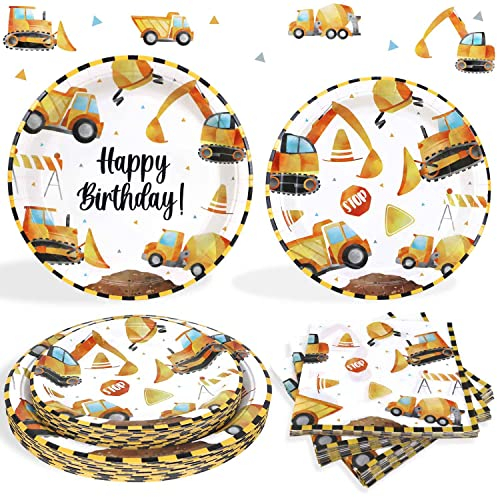 Heboland Kit Vaisselle Anniversaire Chantier pour 25 Invitéss, Excavatrice Decoration Anniversaire Vaisselle Set Assiette Tasse Serviette pour Décorations de Fête Construction Garcon