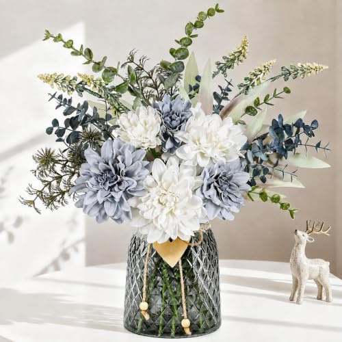 Home Decor Gefälschte Blumen mit Vase,Künstliche Blumen Gefälschte Pflanzen Bouquet Dekoration Realistische Dahlien, Hortensien, Eukalyptus Dekor Moderne Seidenblumen für Esstisch, Büro, Küche (Lila)