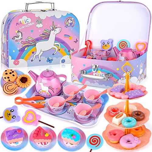 48PCS Service à Thé pour Enfants, Service à Thé Jouets, Dînette Enfant Accessoire Jeux de Cuisine, Jouet de Cuisine Faisant Semblant pour Enfants Filles 3 4 5 6 7 Ans