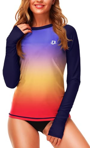 Gradient Swim Shirts for Women Long Sleeve UV Protection Water Shirts Swimming Tops M