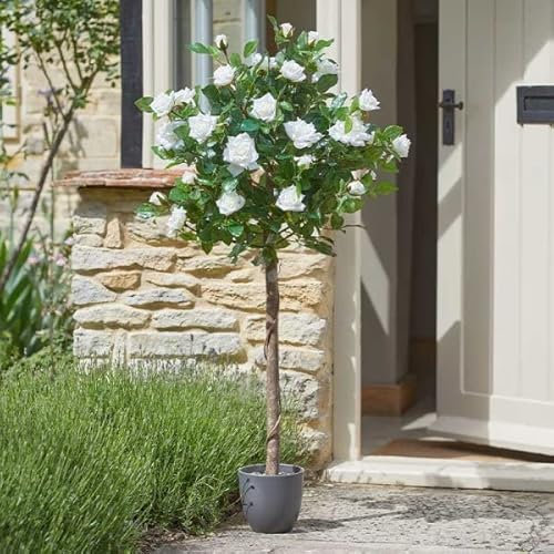 Garden Mile 120cm Artificial Rose Plant White Fake Flowers in Pot Realistic Potted White Roses Plant Faux Indoor Home Office Decoration Outdoor Rose Bush in Pot