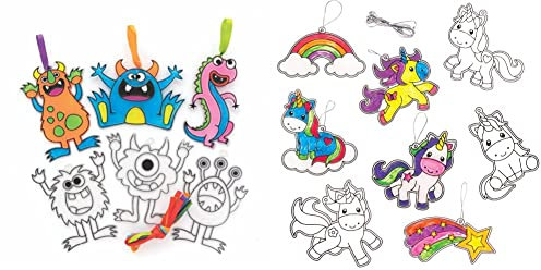 Baker Ross FE666 Monster Suncatcher Decorations - Pack of 10, Suncatchers for Kids to Decorate and Display, Make Your Own Garden Decorations & AR384 Unicorn Suncatcher Decorations (Pack of 8)