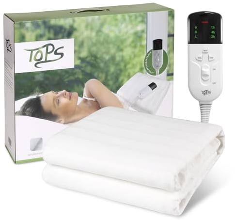 TOPS Electric Blanket Double Heated Underblanket 150 x 80cm, 3 Heat Settings, 3 Levels of Auto-off Timer, Overheat Protection, Machine Washable, Warm Polyester Bed Warmer