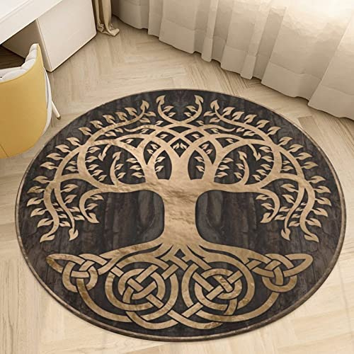 Nordischer Mythologie-Totem-Tattoo-Teppich, Viking Room Decor Runder Teppich, rutschfeste, Waschbare Bodenmatte (Color : Tree of Life C, Size : 150 x 150CM)