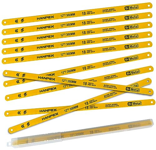 Hanpex 300mm Hacksaw Replacement Blades (10 Pack) High Speed 18 TPI - 12 Length Hack Saw Blade - Bi-Metal HSS Cutting Blades
