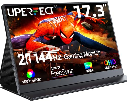 UPERFECT Portable Monitor 17.3 Pulgadas 2K, Monitor Portátil 144Hz, 100% SRGB IPS External Mobile Display con HDMI/Type-C/USB-C, Monitor Gaming para Laptop/PCs/Macs/Phone, Compatible VESA