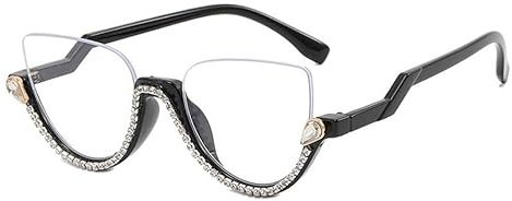 Strass-Halbrahmen-Brille for Damen, Anti-Blaulicht-Computerbrille, Retro-Brillengestell (Color : Black-White, Size : One size)