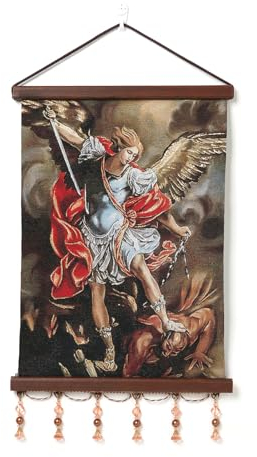 HZMAN St Michael Gemälde Retro Handgefertigte Weben Wandkunst Dekor Heiliger Erzengel katholische Ästhetische Bild für Wohnzimmer Schlafzimmer Holz eingerahmt 17x12 Zoll