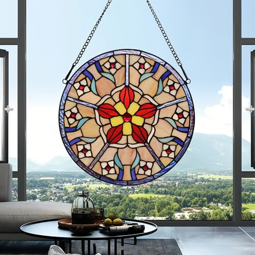 bwkoiujes Buntglas-Fenster zum Aufhängen, Tiffany-Pflanzen-Stil, rosa Blume, Sonnenfänger, Wanddekoration, Kunst-Panel, 30,5 cm, inklusive 50,8 cm Kette und Haken, perfektes Weihnachtsgeschenk