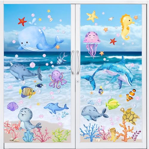 Moxled 9 hojas de imágenes para ventana de habitación infantil, autoadhesivas, animales marinos, pegatinas de pared para baño, pegatinas reutilizables para ventanas, para habitación de niños, cuarto