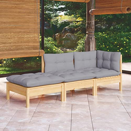 MNISDFL Gartenlounge Biertischgarnitur Terrassenmöbel 3-TLG. Garten-Lounge-Set mit Grauen Kissen Kiefer Massivholz