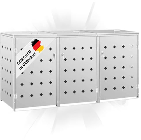 DELUKE 3er Mülltonnenbox SOGI Edelstahl | 207x115x77,5cm Silber | Mülltonnenverkleidung für 3 Tonnen 240L Müllbox aus Metall Mülltonnenschutz Mülltonnendach