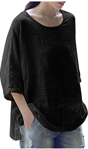 Summer Tops for Women UK Sale 3/4 Sleeve Cotton Linen Solid Crew Neck Ladies Tops Casual Loose Three Quarter Sleeve Tunic T Shirt Plus Size Elegant Blouse Shirts UK 8-18 Black