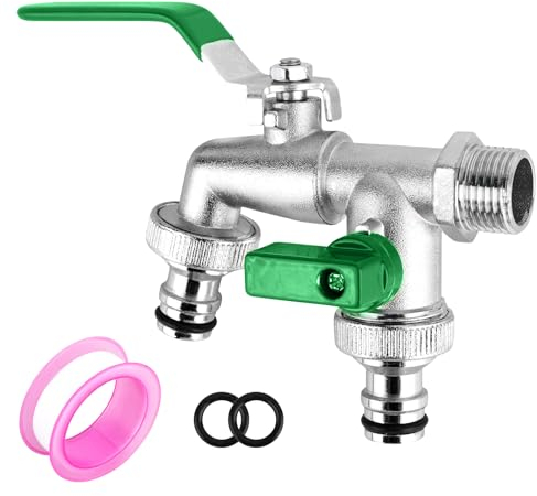 CTDMJ Robinet de jardin double robinet d'écoulement 1/2 et 3/4 Robinet à boisseau sphérique double en laiton avec 2 raccords de tuyau gratuits, 1 bande d'étanchéité à rouleau, double raccord et