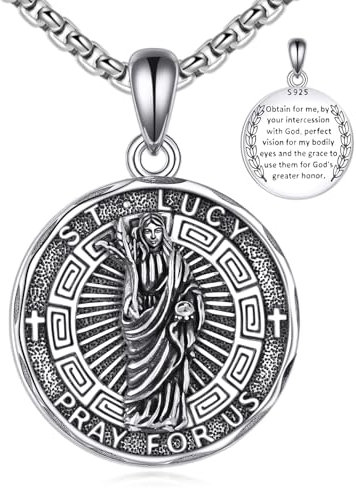 YFN Heiliger Lucy Halskette Sterling Silber Religiöse Beschützer Anhänger St. Lucy Schmuck Geschenke für Damen Herren