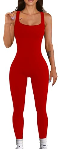 YIOIOIO Gerippter Workout-Jumpsuit für Damen, Yoga, quadratischer Ausschnitt, Leggings, 10 Rot, Medium