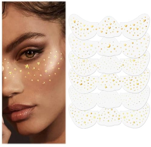 TELAIN 6 Stile Glitzer Sommersprossen Tattooaufkleber, Leuchtende Metallische Faux Sommersprossen Patches, Wasserfest, Glänzendes Goldfolien Gesichtsmake-up