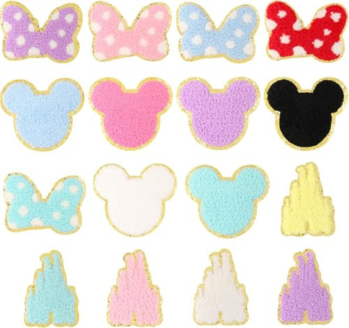 EVERMARKET 16 PCS Colorful Chenille Castle Bowknot Mouse Embroidered Patches Sew On Embroidered Applique DIY Accessory for Clothing Hats Jackets Backpack Pants