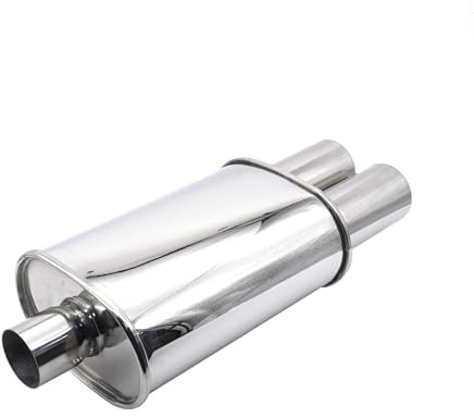 Krtopo Auspuffschalldämpfer 63MM Single Inlet/73MM Dual Outlet Silber Edelstahl Auto Schalldämpfer 11.8 Zoll (300MM) Ovale Körperlänge Auspuff Back Box Twin Tips geschweißter Turbo Schalldämpfer