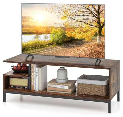 Industrial TV Stand for TVs up to 48 Inches with Open Storage Shelves and Metal Frame Rustic Brown Wood TV Cabinet for Living Room and Bedroom