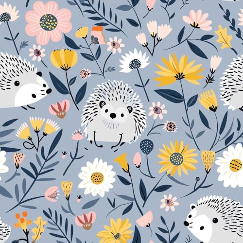 JIAOQSS Selbstklebende Tapete Süß Igel Blume Grau Mustertapete Klebefolie Wandtapete Möbelfolie Tapeten Wasserdicht Vinyl Wrap Klebetapete Wohnzimmer Schlafzimmer Wallpaper